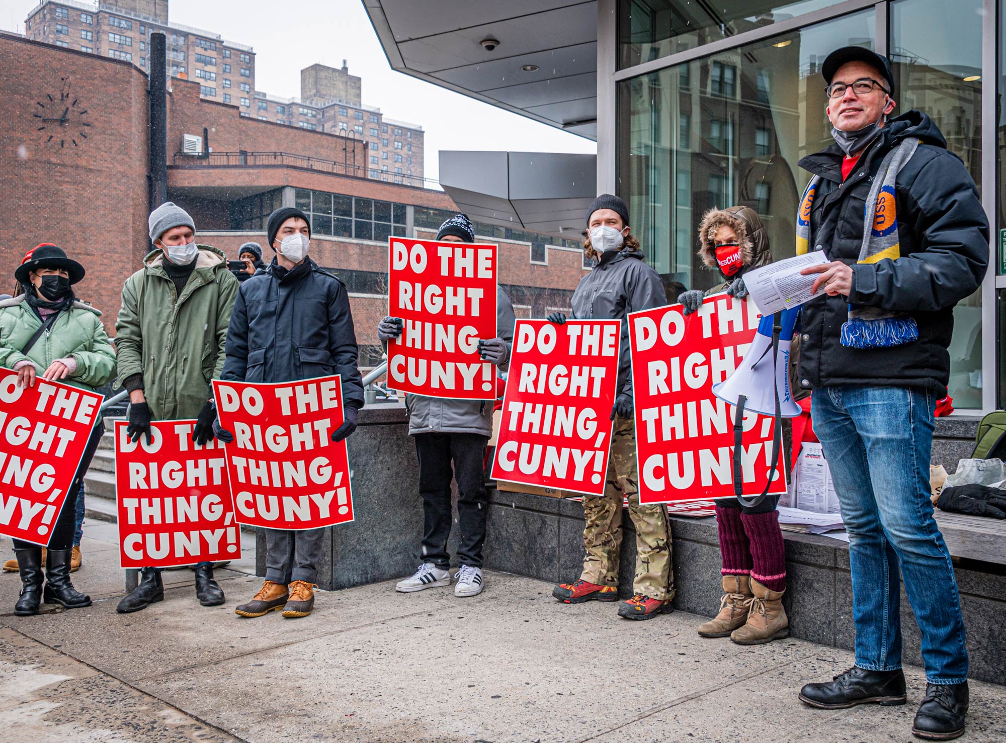 At a rally outside Medgar Evers College in February, members urge caution in campus reopening. (Credit: Erik McGregor)