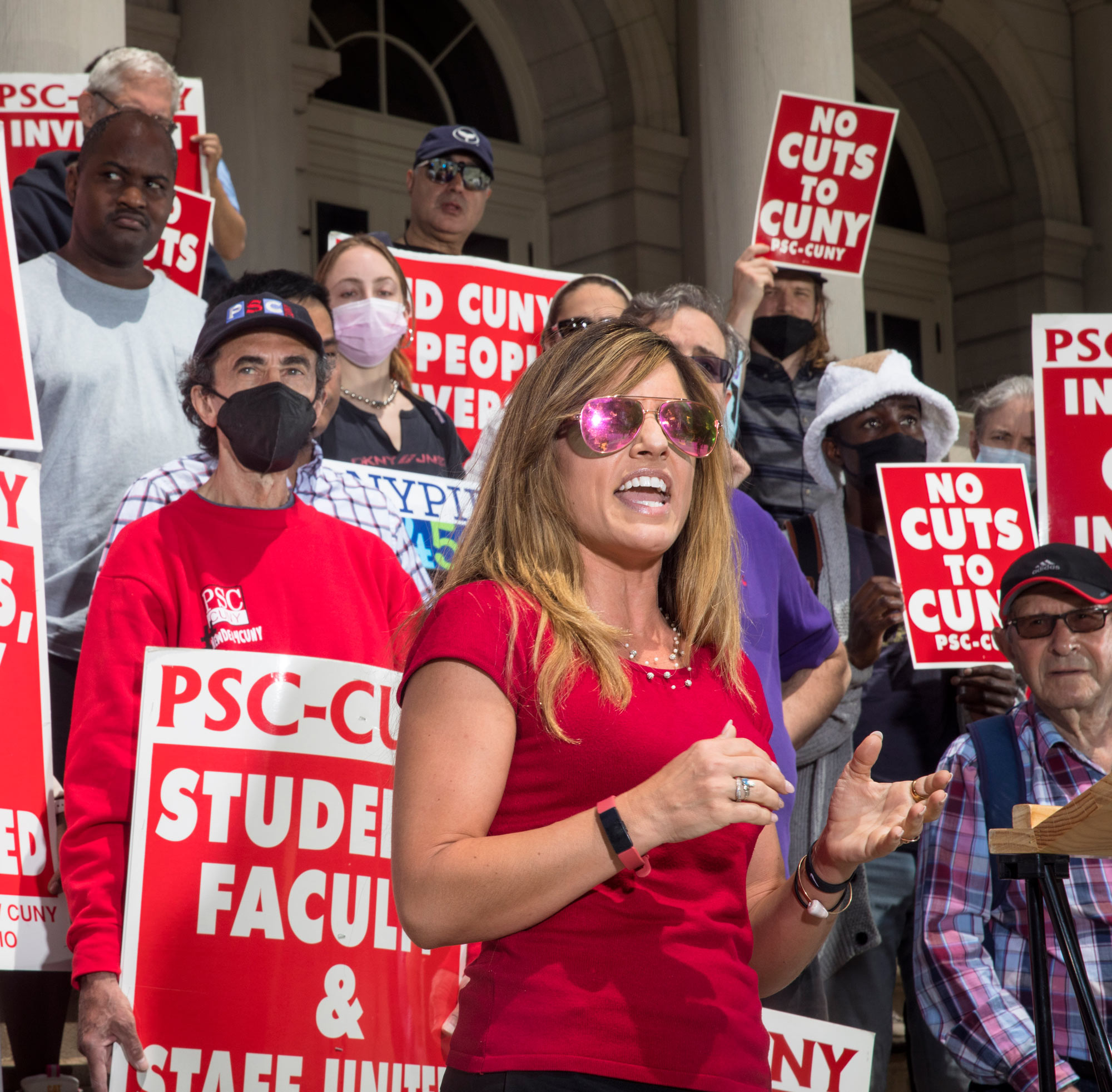 In June, the PSC protests the Adams administration's plan to reduce city funding for community colleges. (Credit: Dave Sanders)