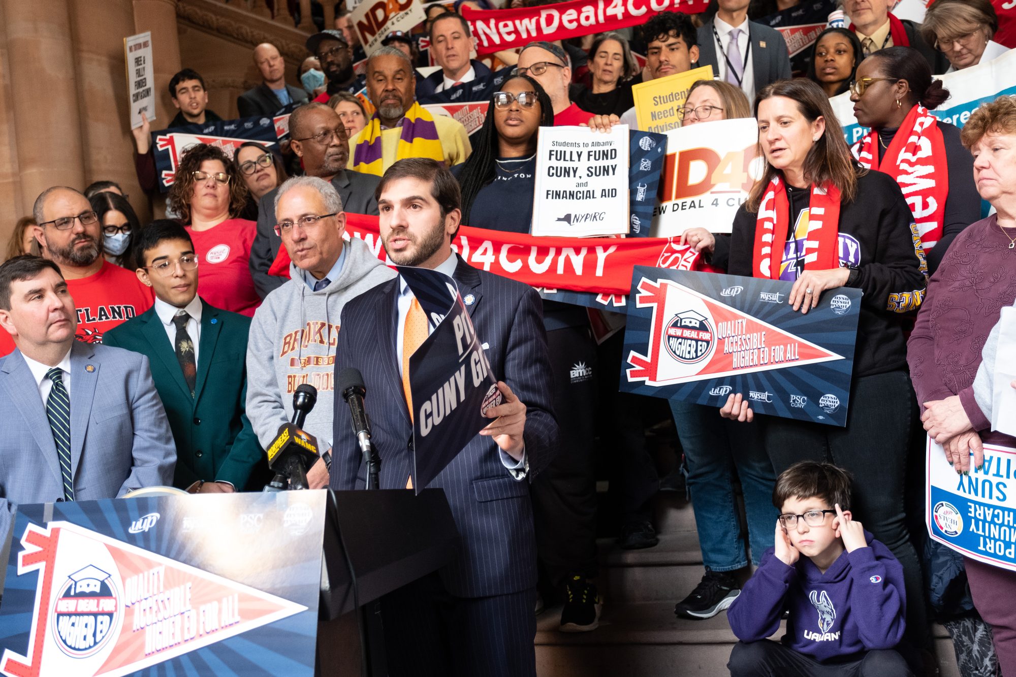 Senator Andrew Gounardes speaks at New Deal 4 Higher Ed rally at the New York State Capitol in Albany on Thursday, March 9, 2023
