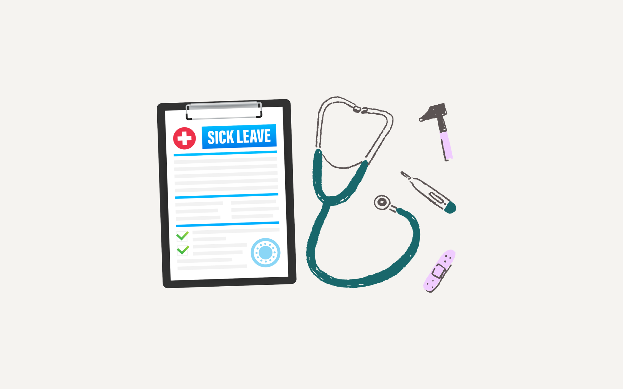 Image of a clip board, stethoscope, bandage and thermometer