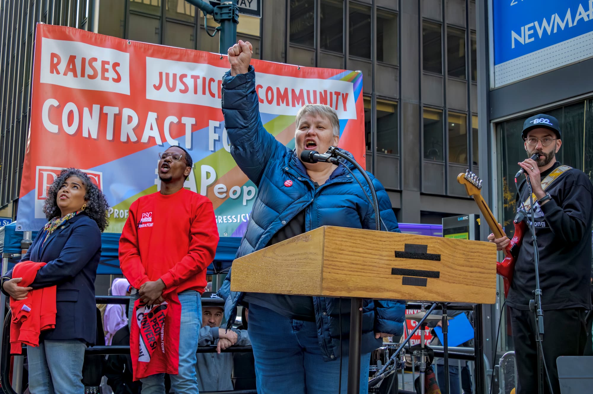 Jen Gabourey, PSC Chapter Chair at Hunter College, speaking at the Sing Out Shout Out Rally for #APeoplesCUNY by Erik McGregor