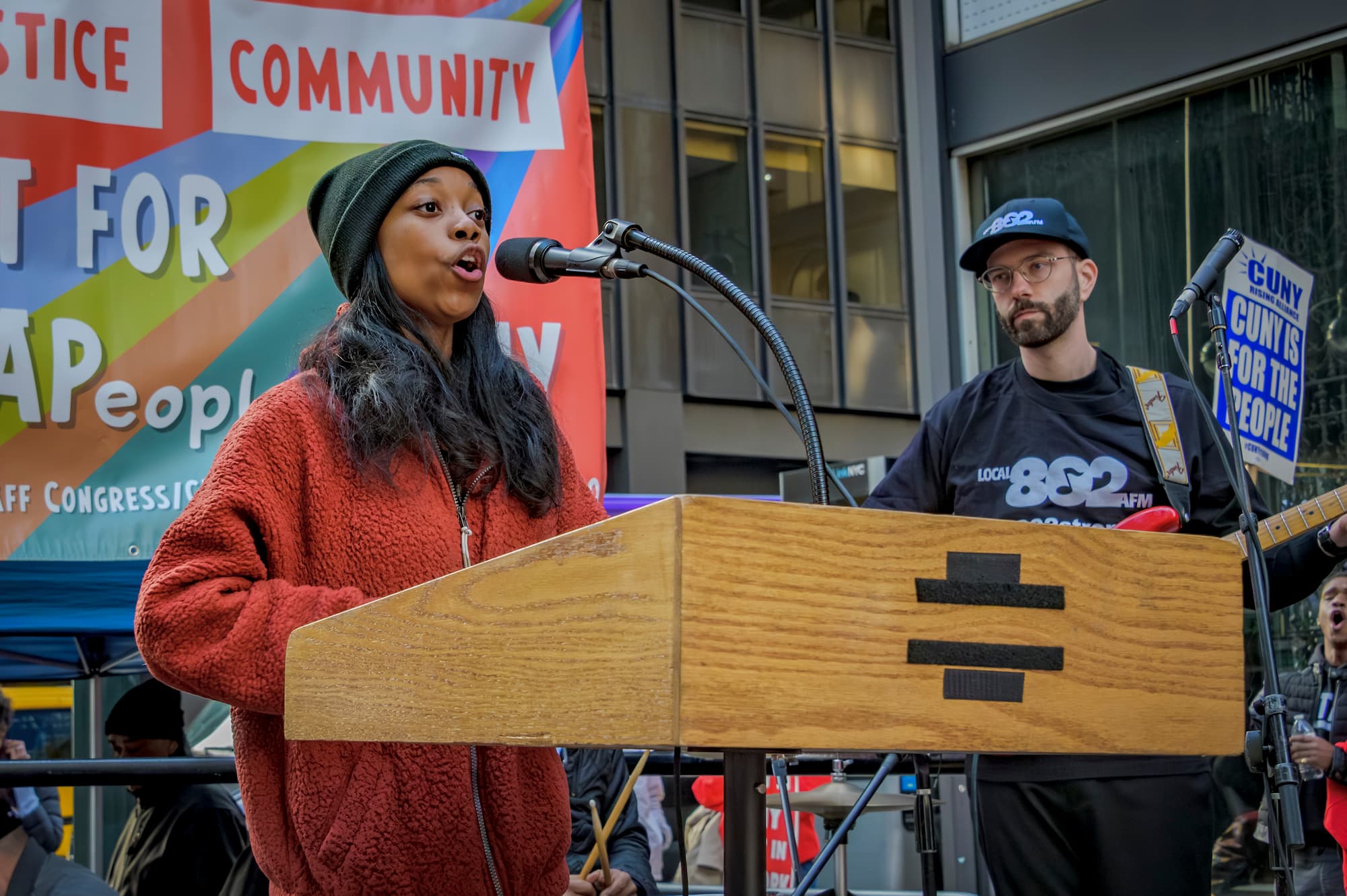 Zanayah Brown, a NYPIRG activist and Queensborough Community College, student speaking at the Sing Out Shout Out Rally for #APeoplesCUNY by Erik McGregor