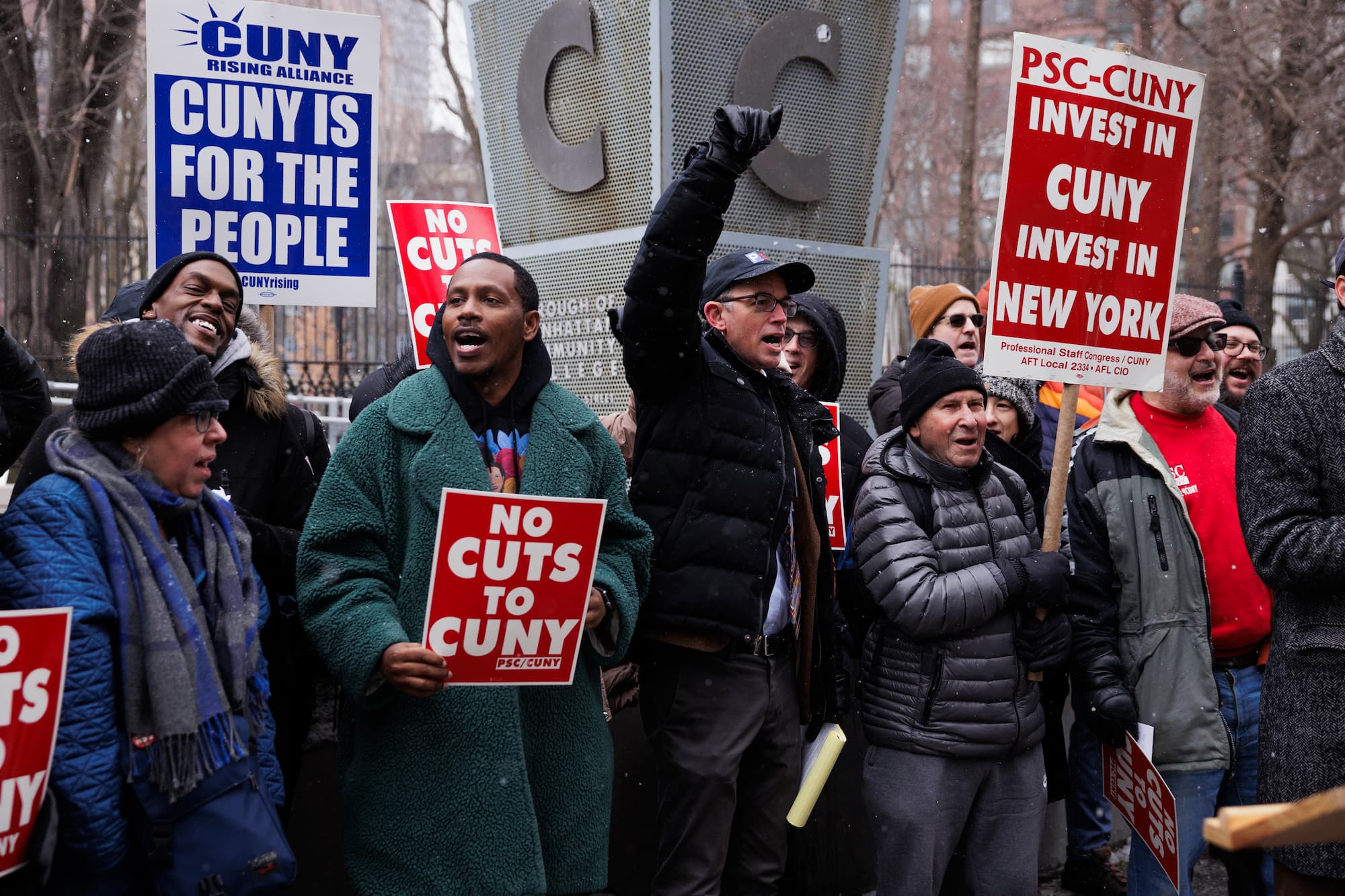 Dozens of CUNY staff & student activists joined elected officials outside the BMCC calling for increased funding for the university and demanding restoration of cut jobs & student services.