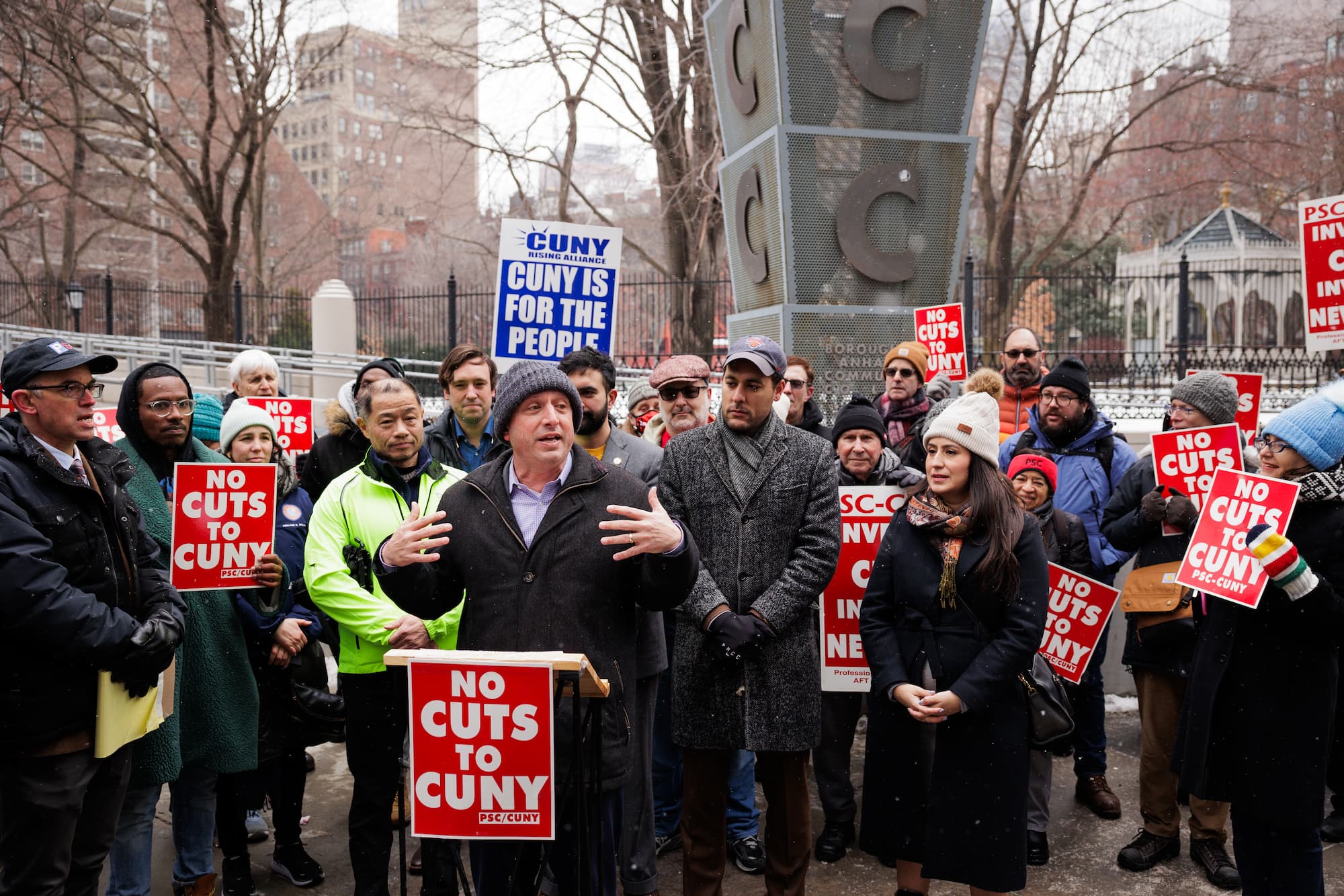 Dozens of CUNY staff & student activists joined elected officials outside the BMCC calling for increased funding for the university and demanding restoration of cut jobs & student services.