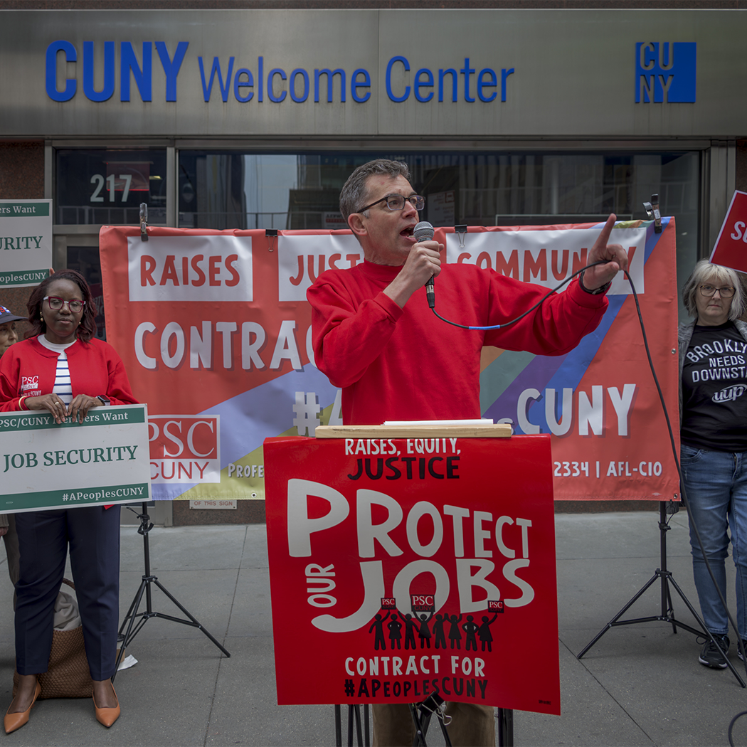 May 2, 2024 Protest at CUNY Central to call out CUNY management for their attempts to weaken the job security of thousands of faculty and staff. Photo by Erik McGregor