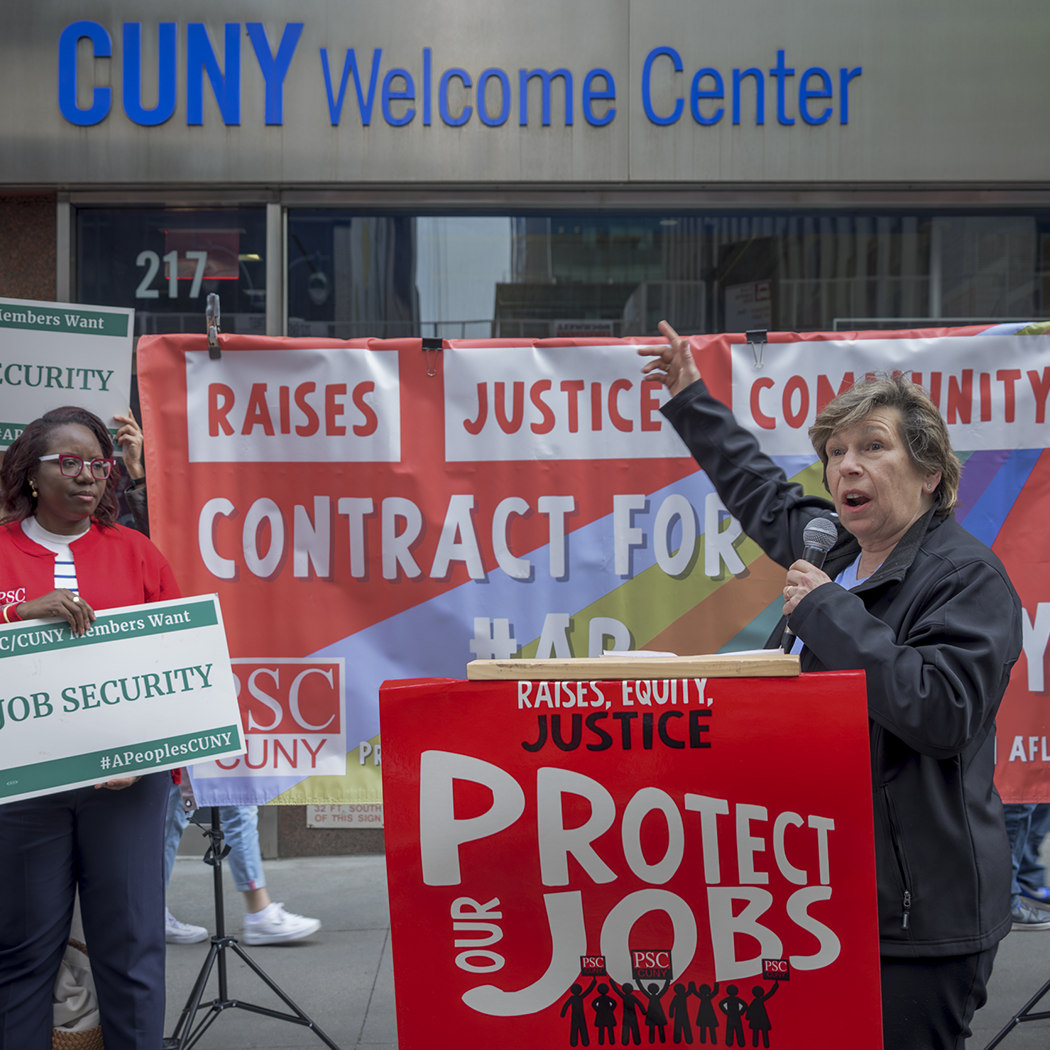 May 2, 2024 Protest at CUNY Central to call out CUNY management for their attempts to weaken the job security of thousands of faculty and staff. Photo by Erik McGregor
