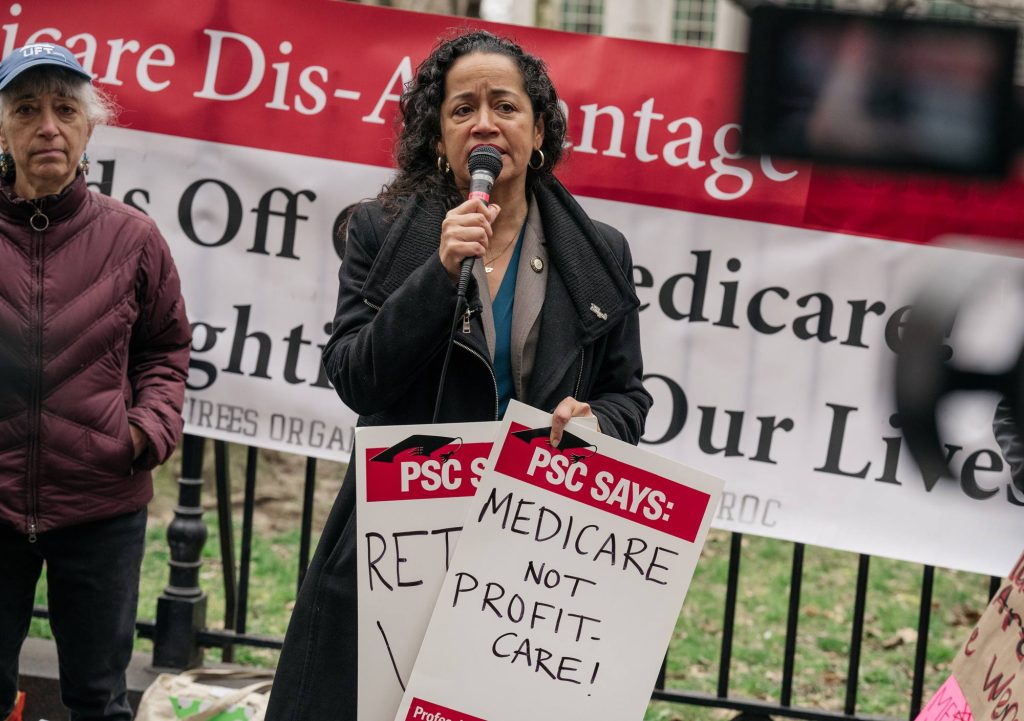 PSC member speaking at rally against Medicare Advantage