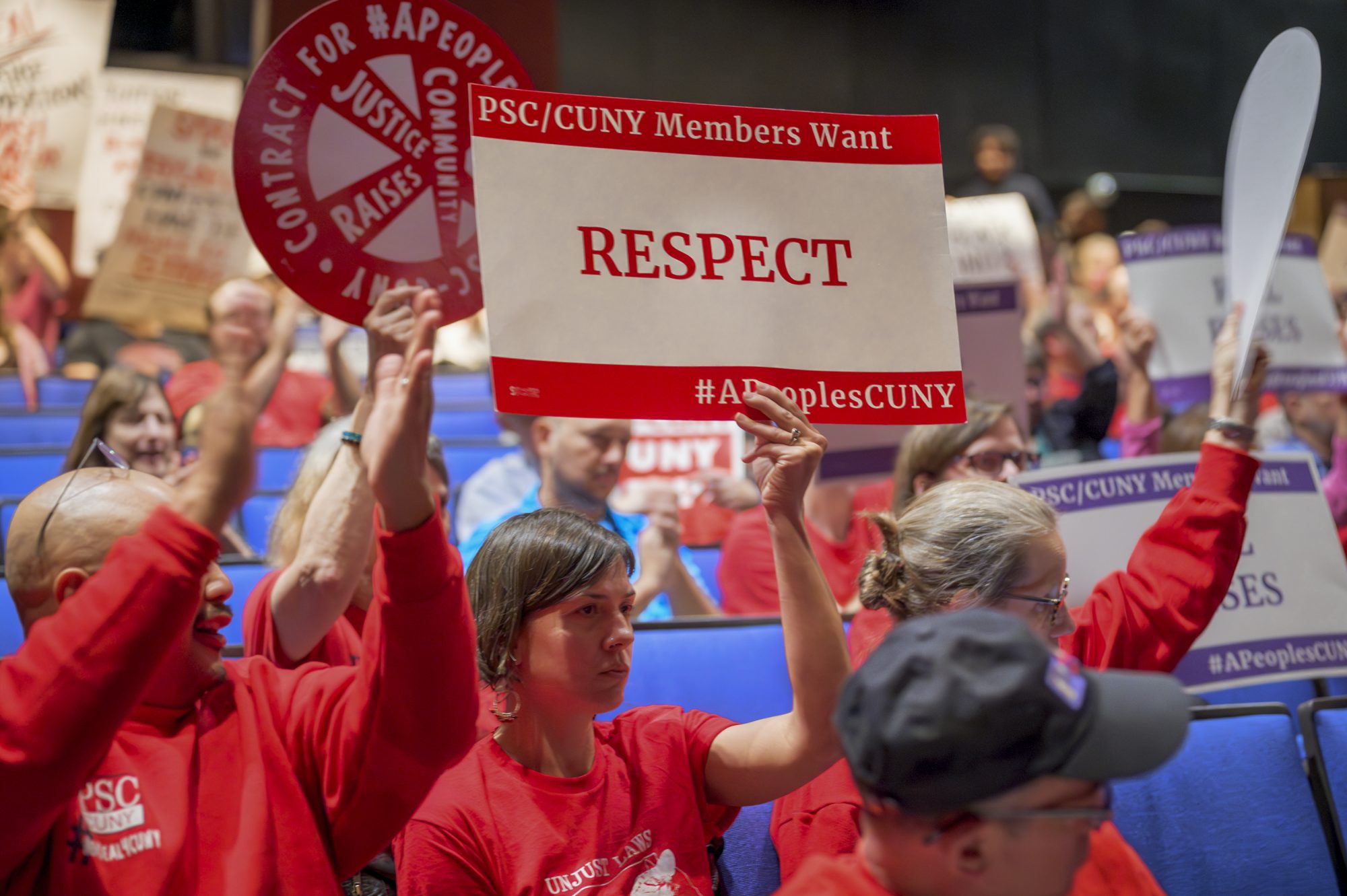 PSC members disrupt the CUNY Trustees hearing to demand management provide a fair economic offer (Photo by Erik McGregor)