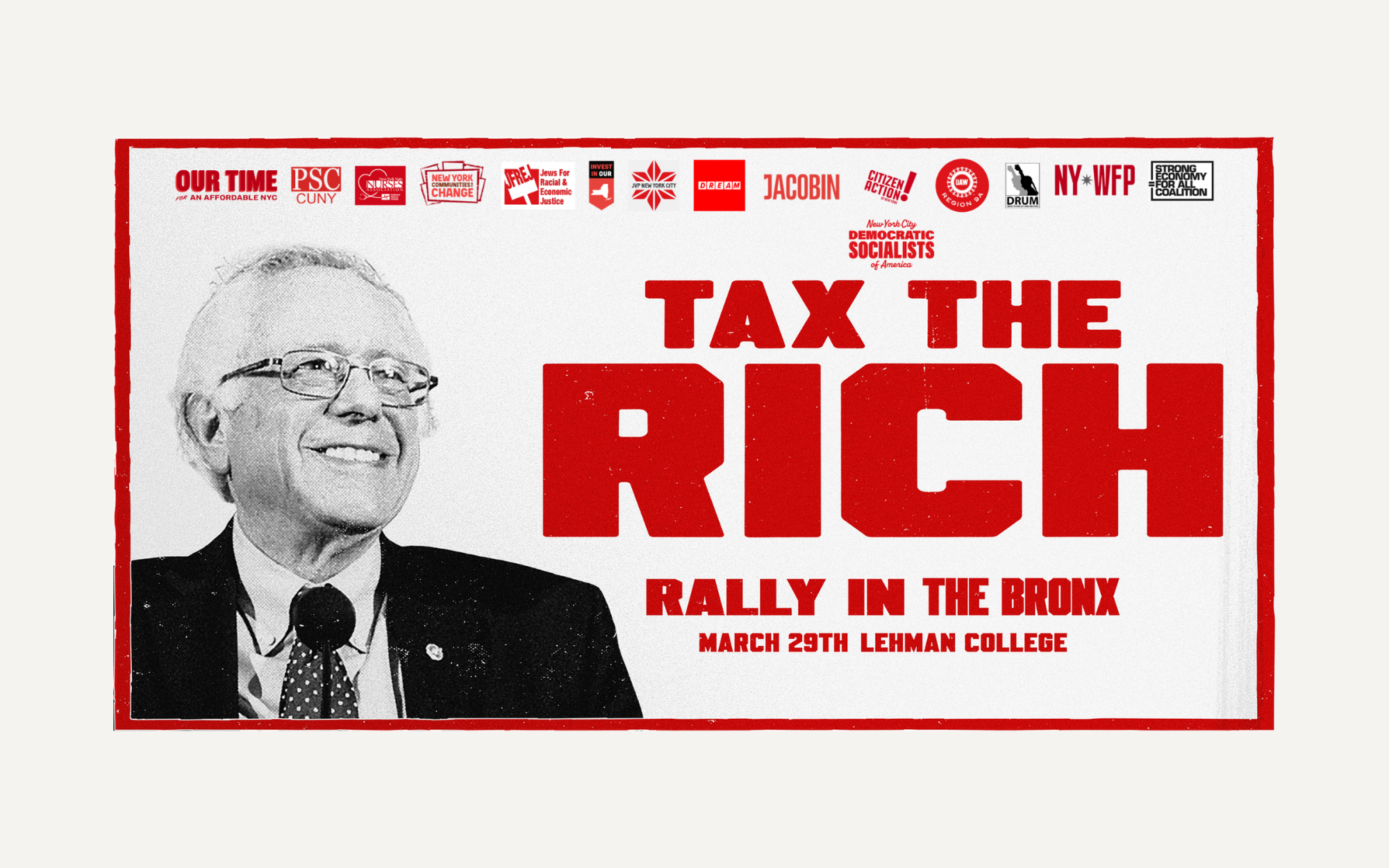 Tax the Rich Rally in the Bronx with Bernie Sanders with coalition logos