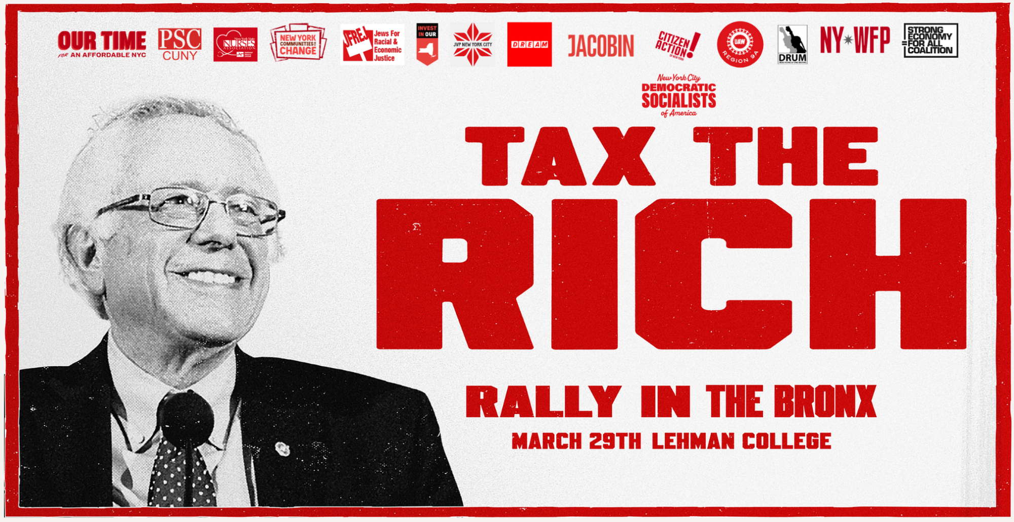 Tax the Rich Rally in the Bronx with Bernie Sanders with coalition logos